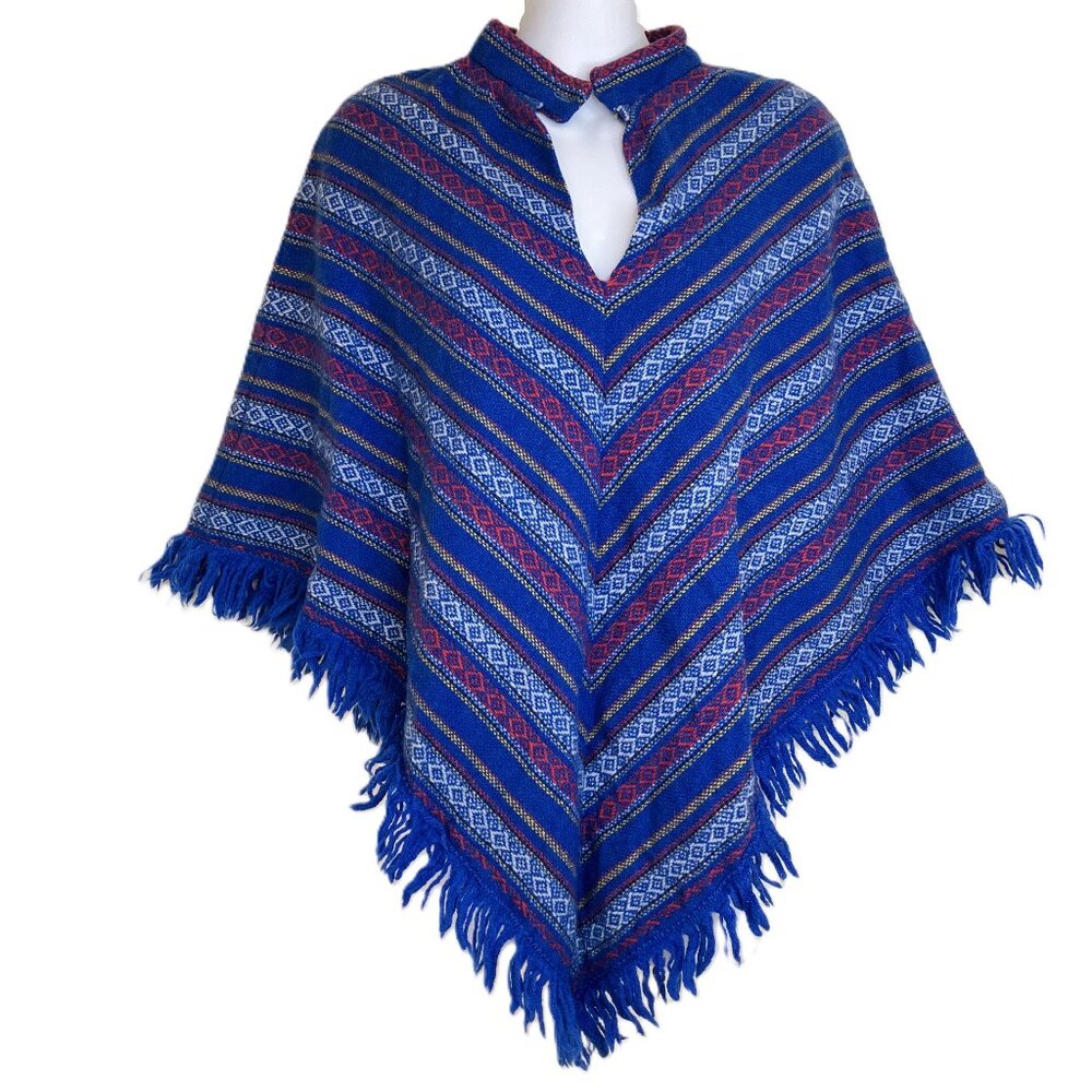 Bobbie Brooks Woven Poncho with Fringe Edge VNeck Blue Stripe Vintage 70s
